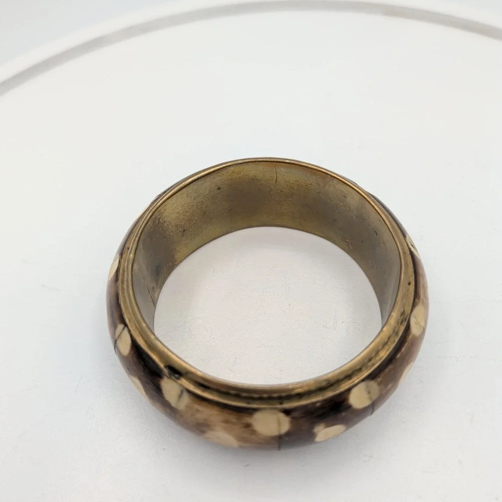 Vintage Brass Bangle‎ Bracelet Inlaid Batik Bone Polka Dot Boho Ethnic 7.5